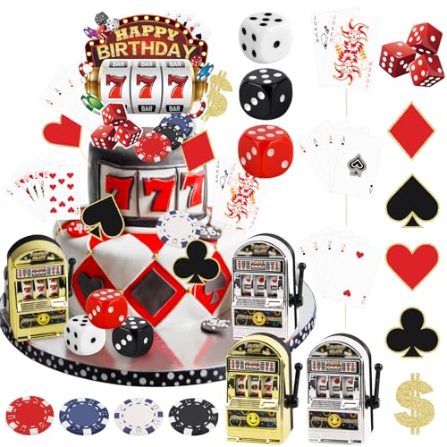 Hooqict 24 Pieces Casino Cake Decorations Set with Mini Toy Slot Machine Poker Casino Cake Toppers & Cupcake Toppers for Las Vegas Casino Night Theme Birthday Party Decorations