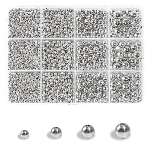 TLAOKLIU 1800Pcs Silver Spacer Beads 3/4/6/8mm Silver Beads Kits for Bracelet Jewelry Making