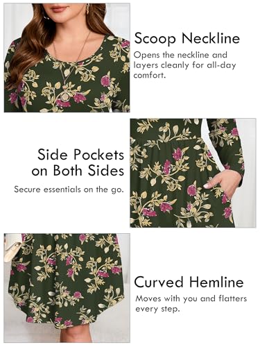 Image of AusLook Women's Plus Size Long Sleeve Midi Dress Casual Empire Waist Loose Flowy Dresses A-Line Boho Long Dress with Pockets