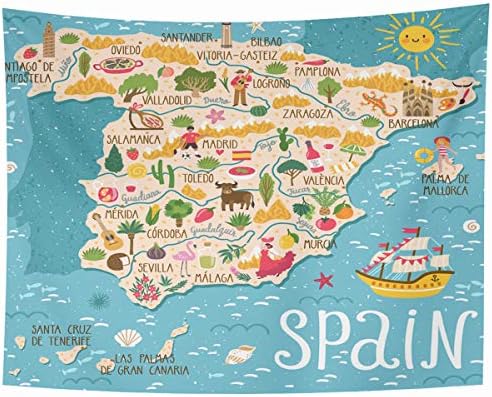 Ahawoso Tapestry Wall Hanging 60x50 Inches Ocean Red Europe Map Spain Barcelona Travel Nature Summer Design Home Decor Tapestries Art for Living Room Bedroom Dorm
