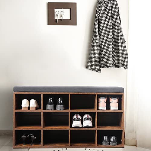MU Shoe Cabinet Storage Bench with Cushion, Easy Installation Entryway Shoes Organizer with Storage Drawer for Entrance, Living Room, Bedroom or Dressing Room, Rustic Brown