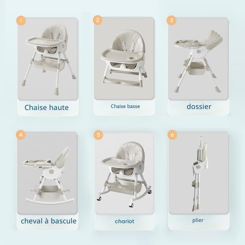 Chaise Haute Evolutive 6 en 1,Transat, Balancelle et Rocker Multifonction pour Bébé (0m+ 15kg) / Reclinable, Pliable et Réglable,Harnais 5 Points,Siège de table enfant