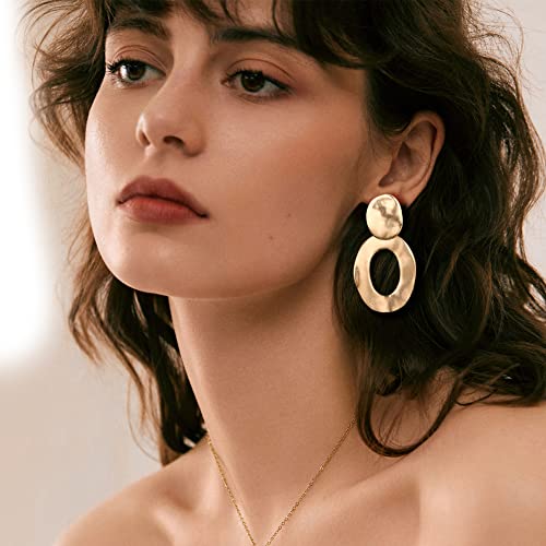FIBO STEEL Gold Plated Clip on Earrings for Women Non Pierced Drop Dangle Clip on Earrings - Chunky Fashion Accessories Big Rectangle Geometric Statement Clip Earring Set4