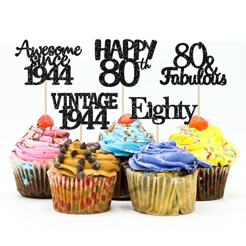 Gyufise 30 Pack Vintage 1944 Cupcake Toppers Glitter Cheers to 80 Fabulous Eighty Cupcake Picks 80th Birthday Wedding Anniversary Party Cake Decorations Supplies Black