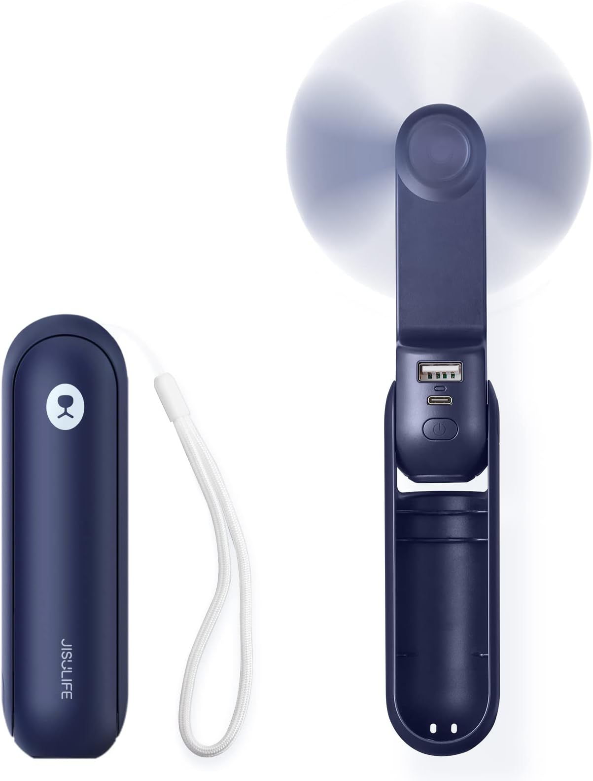 JISULIFE Portable Handheld Fan, Mini Pocket Hand Fan, Small Battery Operated 14-21 hours, USB Rechargeable Foldable Fan, Quiet Personal Fan with Power Bank, Flashlight for Indoor, Outdoor - Blue