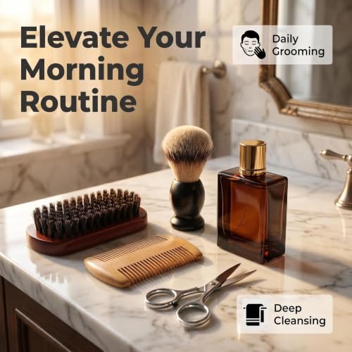Image of Beard Brush, Shaving Brush, Beard Comb, Beard Scissors Set | Beard Brush Set with 100% Boar Bristle Walnut Wood Beard Brush, Shaving Brush & Foldable Scissors, Gift for Men