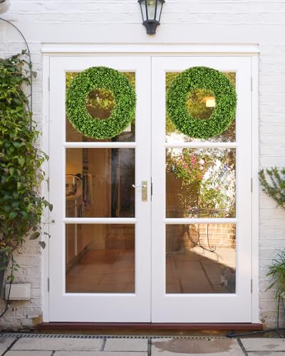 Image of DDHS 19''Boxwood Wreaths for Front Door,Artificial Spring Wreaths for Farmhouse Wedding Green Year Round Indoor Outdoor for Fall Summer Christmas Wreath Home Decorations-Green