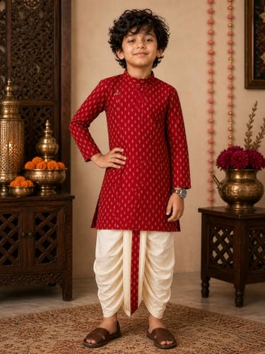 Image of superminis Boy's Cotton Kurta with Dhoti - Golden Thread Work, Solid Round Collar, Full Sleeves, Side Button Kurta Set for Ethnic Wear