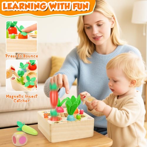 XIAPIA Montessori Spielzeug ab 1 Jahr, Interaktives Holzspielzeug mit Pop-Up-Karotten und Würfel, Steckspiel Magnetspiel Motorikspielzeug für Junge Mädchen, Geschenk zum Geburtstag Weihnacht Neujahr