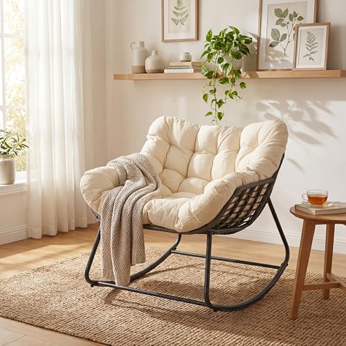 SOARS Fauteuil à Bascule de Jardin, Chaise à Bascule Papasan en Rotin avec Coussin Rembourré et Amovible, Cadre en Métal, Charge 150 KG, pour Intérieur et...