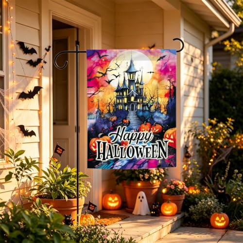 Image of Happy Halloween Garden Flag 12x18 Inch Haunted House Pumpkin Halloween Yard Flag Spooky Fall Porch Decor