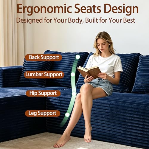 Image of 93 inch U-Shaped Boneless Couch, Corduroy Cloud Couch Sectional with Chaise and Ottoman, Deep Seat Modular Sectional Sofas for Living Room, No Assembly - Navy Blue (Left Facing Chaise)
