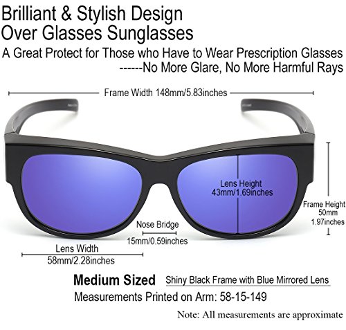 Caxman Polarized Fit Over Glasses Sunglasses For Prescription Glasses, Medium Size, Black Frame With Blue Mirrored Lens, 100% Uv Protection #TOP1