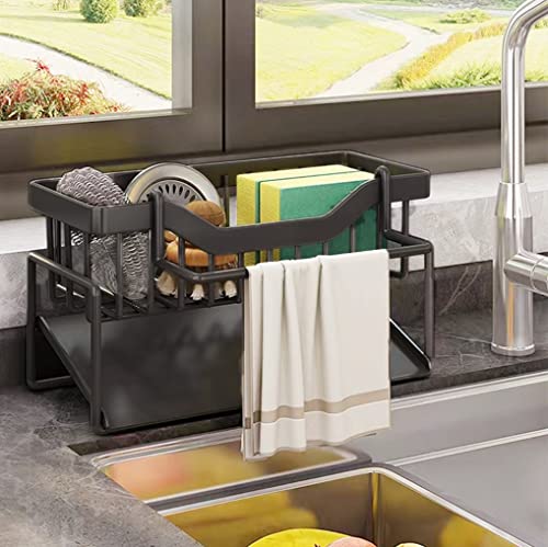 Sink Sponge Holder for Kitchen,Dish Soap Sponge Holder, Stainless Steel Sink Caddy, Sink Organizer with Cleaning Towel Rod, Sink Caddy Organizer with Quick Draining Tray (Grey) (Black) (Black) by iBigLY - Used condition - CA$12.45
