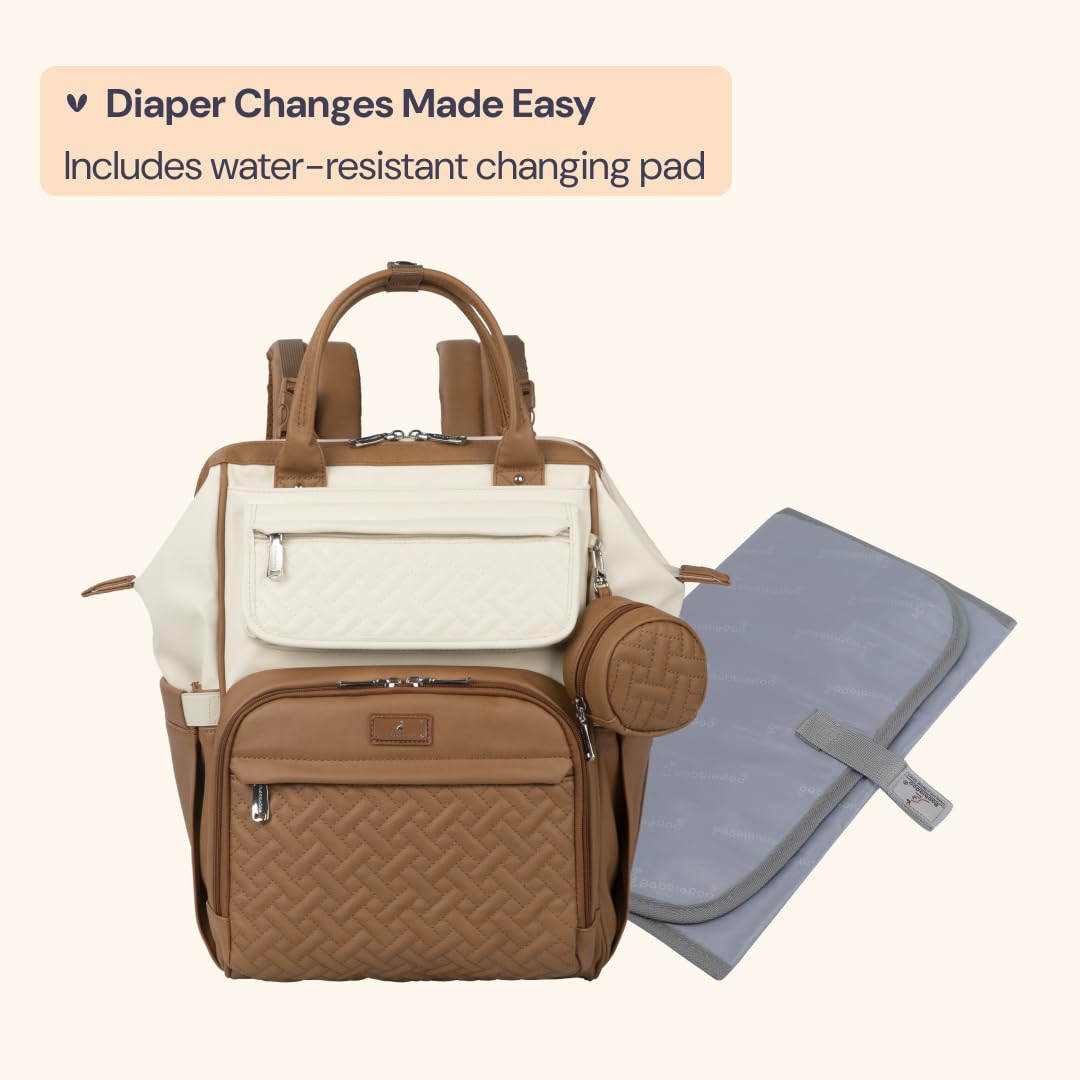 BabbleRoo Leather Diaper Bag Backpack, Multifunction Large Bags with Changing Pad & Stroller Straps & Pacifier Case, Unisex Stylish Travel Back Pack Nappy Changing Bag for Moms Dads (Caramel Cream) - Image 7