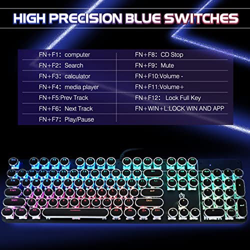 Yscp Typewriter Style Mechanical Gaming Keyboard Rgb Led Backlit Wired Keyboard With Blue Switch Retro Punk Round Keycap 104 Keys Cute Keyboard, Black (104 Keys, Black) #TOP6