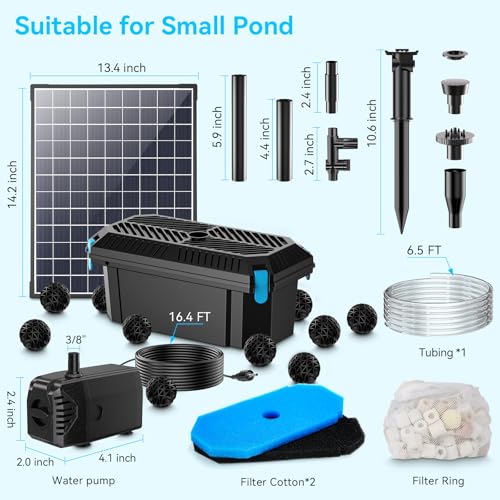 POPOSOAP Solar Water Pump with Pond Filter, 25W Solar Pond Filter with Fountain Pump Water Flow Adjustable, Pond Filter with Tubing for Outdoor Ponds Fish Tank Pool Garden Water Feature Waterfall