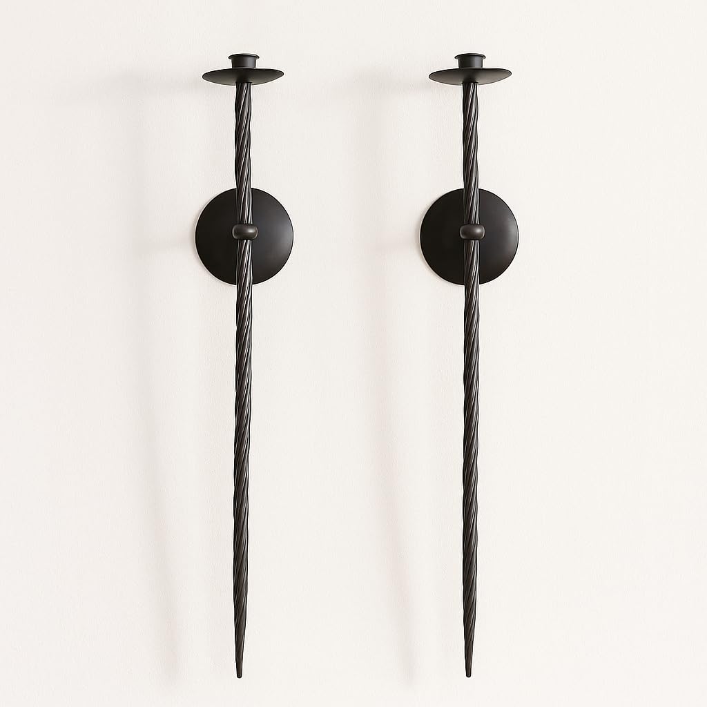 Large Wall Candle Holder Set of 2 Twisted Candle Sconces Wall Mount Metal Candle Holders Decor for Bedroom Dining Room 23.5" (Black)