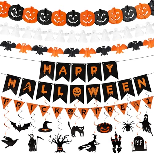 COCOMAX Decoração de casa de Halloween, reutilizável coisas de Halloween, suspensão espirais de Halloween, Happy Halloween truque ou trato bandeiras, ornamentos Halloween festa pack
