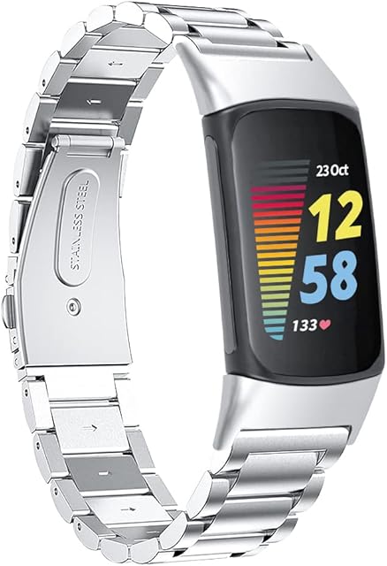 Replacement Straps Compatible with Fitbit Charge 5 Strap, Band Metal Stainless Steel Business Bands Wristband for Charge 5 Activity Tracker (Silver)