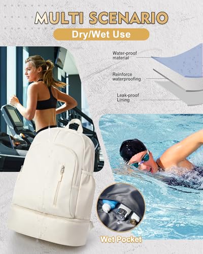 Image of Gym Backpack for Women Men, Lightweight Gym Bag with Shoe Compartment, Waterproof Sports Backpack with Wet Pocket for Yoga Fitness Sports, Beige