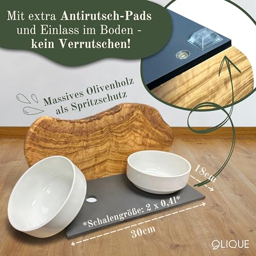 Futterstation personalisiert, Olivenholz - Futterbar mit Gravur und 2 Fressnäpfen für Katzen und Hunde