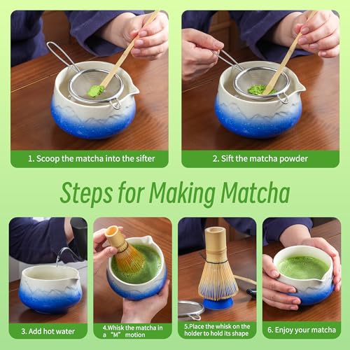TEANAGOO 7 Pcs Matcha Whisk Set, Blue Matcha Set, Ceremony Matcha Powder Kit,Matcha Tea Set for Making Latte,Matcha Whisk Set and Bowl with Scoop&Sifter,Fuji Design Ceramic Bowl,Gift for Matcha Lovers by TEANAGOO - Image 5