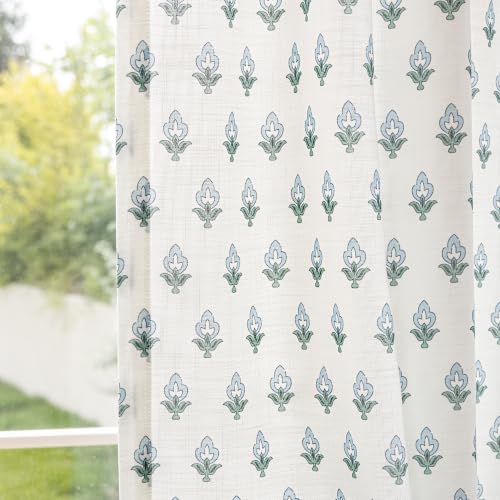 Floral Linen Pinch Pleated Curtains 30x108 Inch, 2 Panels, Indigo Bud