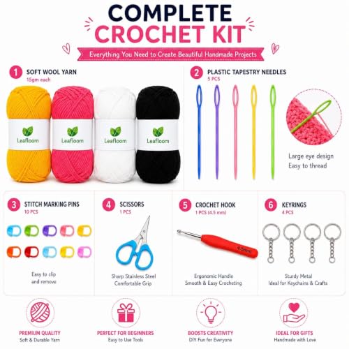 Image of Crochet Kit with Soft Grip Handles - Full Crochet Hook Set for Beginners & Yarn Lovers - Ergonomic Crochet Tools for DIY Craft & Gifting (Beginners kit Keychain)