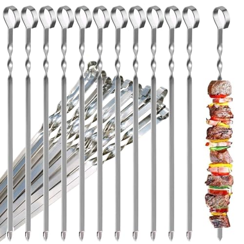 12 Stück Grillspieße, 39CM Grill Kabob Spieße Edelstahl Lange Spieße Schaschlikspieße Fleischspieße, für Lagerfeuer Oder Grillschale