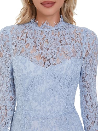 Image of Women's Long Sleeve Lace Floral Wedding Guests Dress Elegant Cocktail Ocassion Party Midi Dress
