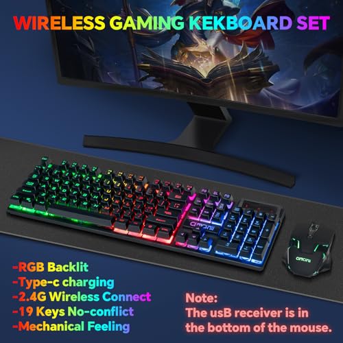 CHONCHOW USB Wireless Gaming Keyboard and Mouse Combo LED Backlit Ergonomic Mechanical Feeling Key 19 Keys Anti-ghost Rechargeable 2500mAh Battery,7D 3600DPI Mice for PC Gamer