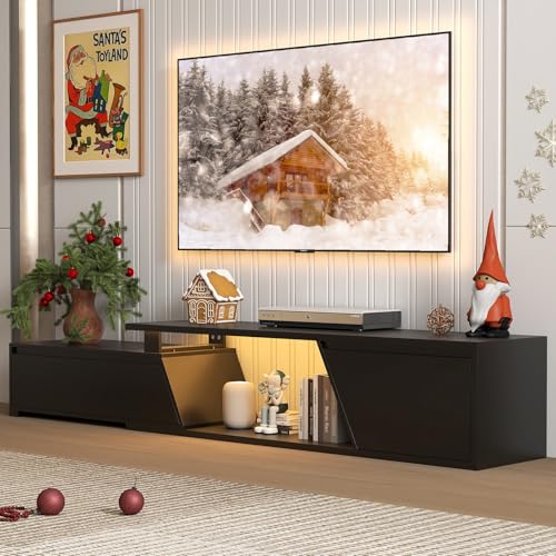 Verano Garden Extendable TV Stand with Led Lights, Wood TV Media Console with 2 Drawers & 1 Cabinet, Modern Entertainment Center Up to 90 Inch TV for Living Room Bedroom, 63" - 90.6" (Black)