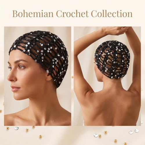 Women Summer Glitter Sequin Crochet Knit Hat Boho Hollow Out Beanie Cap - 2