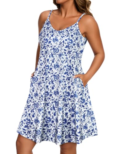 Image of Womens Spaghetti Strap Dress Summer Dresses Beach Pocket Casual Sundresses | 2026 Adjustable Spaghetti Straps Casual Beach Dress,Boho Sundress with Pockets ,Fashion V Neck Outfits,Beach Cover Ups