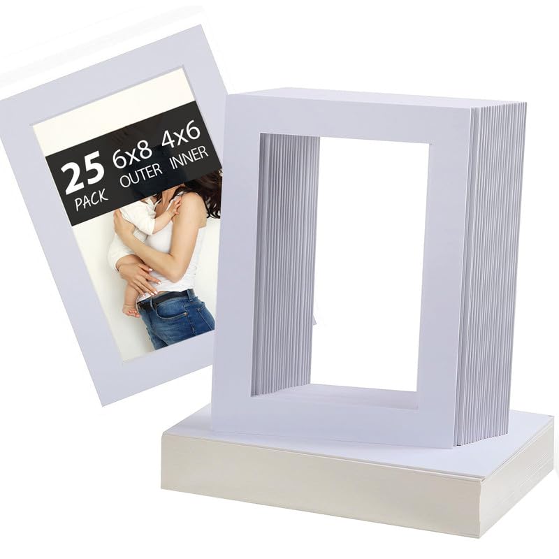 Art Street Pack of 25 White Pre-Cut 6x8 Inch Picture Matted To 4x6 Inch Photos with White Core Bevel Cut Mattes Sets. Includes 25 High Premier Acid-Free Mats