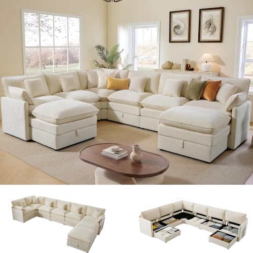 Image of Ihanherry Oversized Modular Sectional Sofa with Storag, 8-Seater V Shaped Cloud Couch with Movable Ottomans, Chenille Deep Seat Corner Couches for Living Room (Beige)
