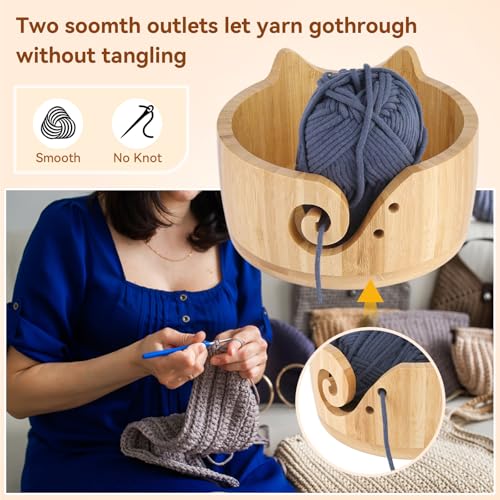 Image of XIEJ Cat Yarn Bowl Set, 7 X 4inch Wooden Yarn Bowls for Crocheting, Knitting Bowl, Yarn Storage Bowls, Crochet Yarn Holder with Crochet Hooks Knitting Tools for Crocheters Knitters Craft