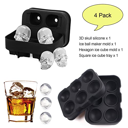 4 Pack Ice Cube Trays 3D Skull Silicone, Ice Ball Maker Mold, Hexagon Ice Cube Mold, Easy Release Square Ice Cube Tray With Lids And Funnel For Whiskey, Cocktail, Bourbon, Chilled Drinks #TOP2