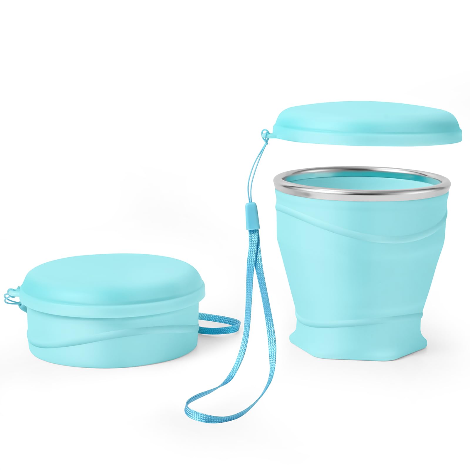 Bidponds 8.8oz/260ml Collapsible Silicone Cup with Lid,BPA-Free,304 Stainless Steel Rim,Portable Cup for Travel,Camping, Hiking,Outdoor Sports (Light Blue)
