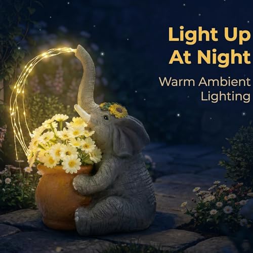 Joint Honglin Solar Elephant Planter Garden Statue with Watering Fairy Lights, Flower Pot with Artificial Daisies, Outdoor Resin Solar Garden Decor for Yard Lawn Patio Porch (Elephant) — view 5