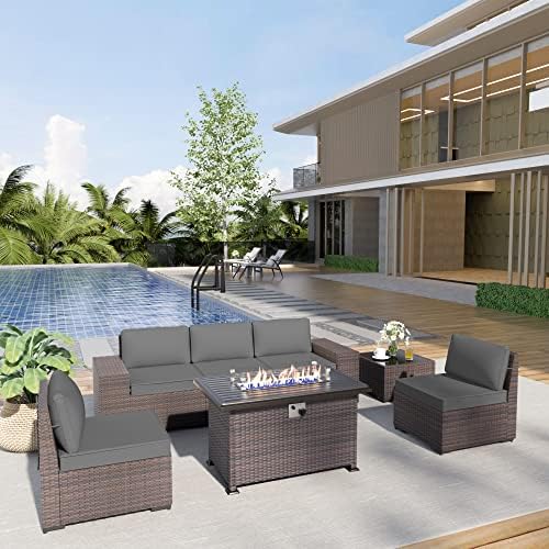 Delnavik Patio Furniture Sectional Sofa Set 7-Pieces PE Rattan Patio Conversation Set w/43in Gas Fire Pit Table, Outdoor Furniture with 55000 BTU Propane Fire Pit, Grey
