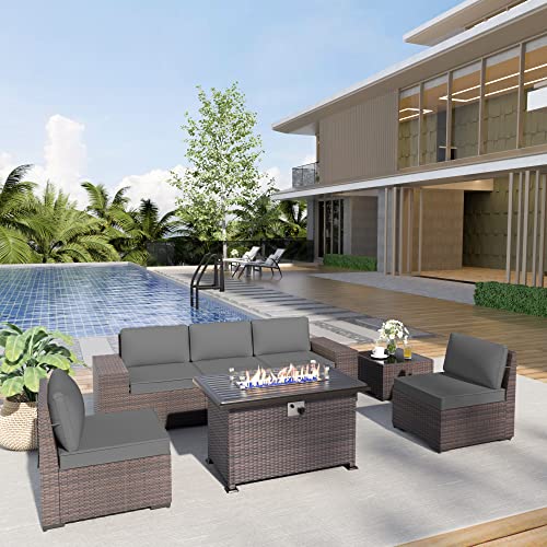 Delnavik Patio Furniture Sectional Sofa Set 7-Pieces Pe Rattan Patio Conversation Set W/43In Gas Fire Pit Table, Outdoor Furniture With 55000 Btu Propane Fire Pit, Grey #TOP1
