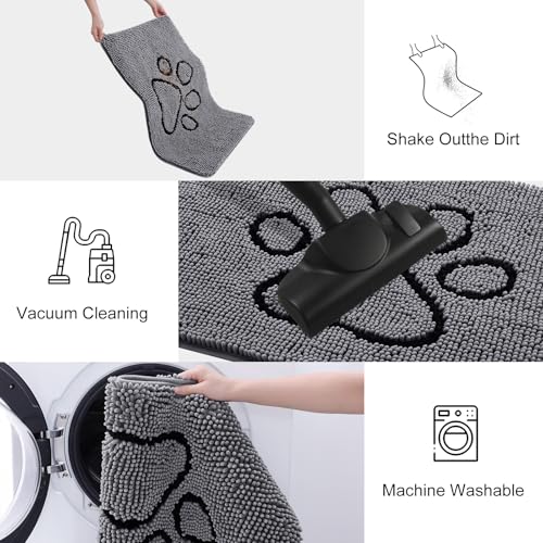 Image of Smiry Dog Door Mat for Muddy Paws, Absorbent Dirt Trapper Non Slip Quick Dry Washable Chenille Mat for Mud Dogs, Entry Rug for Indoor and Outdoor (70x24 Inches, Dark Grey and Black)