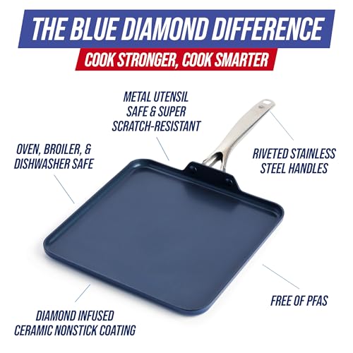 Image of Blue Diamond 11 inch Diamond Infused Ceramic Nonstick Square Griddle Pan, Blue