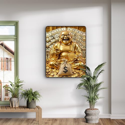 Image of SAF Golden Laughing Buddha Wealth Wall Art | Money Blessing Painting with Sparkle Lamination | Vastu Decor for Home Office Shop Positive Energy and Prosperity (14 Inch x 11 Inch) K-36113