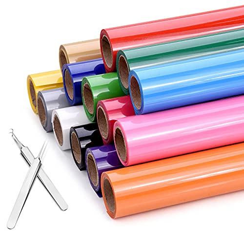 Suteck Heat Transfer Vinyl HTV Rolls, 14 Pack Iron on Vinyl Bundle 12  x 5ft for Cricut, Silhouette & Cameo DIY Iron on T-Shirts Fabrics