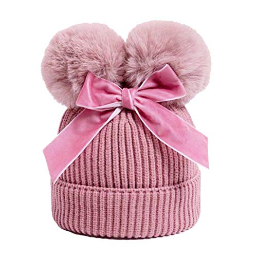 Uniyoung Baby Winter Hat Toddler Bowknot Thicken Warm Knit Beanie with Double Pompom Kids Outdoor Skull Cap for 6 Months to 3 Years Old Girls (Dark Pink)