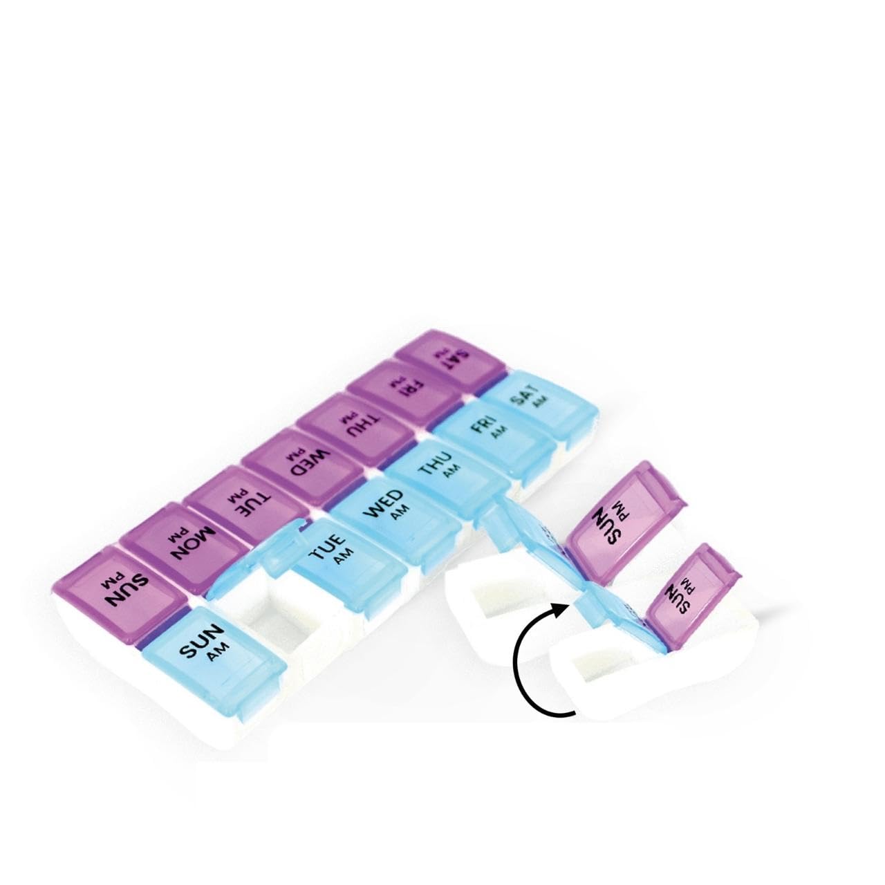 Kate & Smith Weekly Pill Organiser Box, Easy Opening Pull Lock, AM/PM Detachable Compartments, Purple and Blue-image-24
