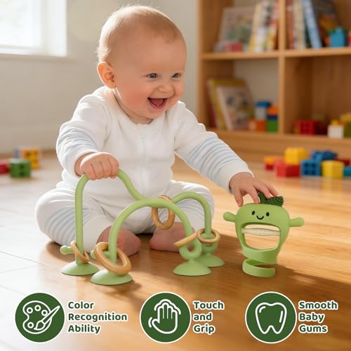 Image of Baby High Chair Suction Toys Teething Chew - Silicone Apple Teething Relief Toys Silicone Teethers Table Toys, Food Grade Silicon for 6 12 18 Months(Green)